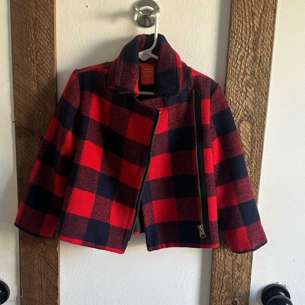 Y2K Joe Fresh 3T Girls Moto Jacket Coat Red Navy Buffalo Plaid 3T Toddler Girl